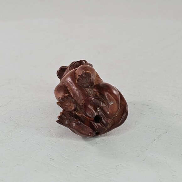 Netsuke Cat Sitting Figurine Japanese Carved Boxwood - Picture 6 of 8